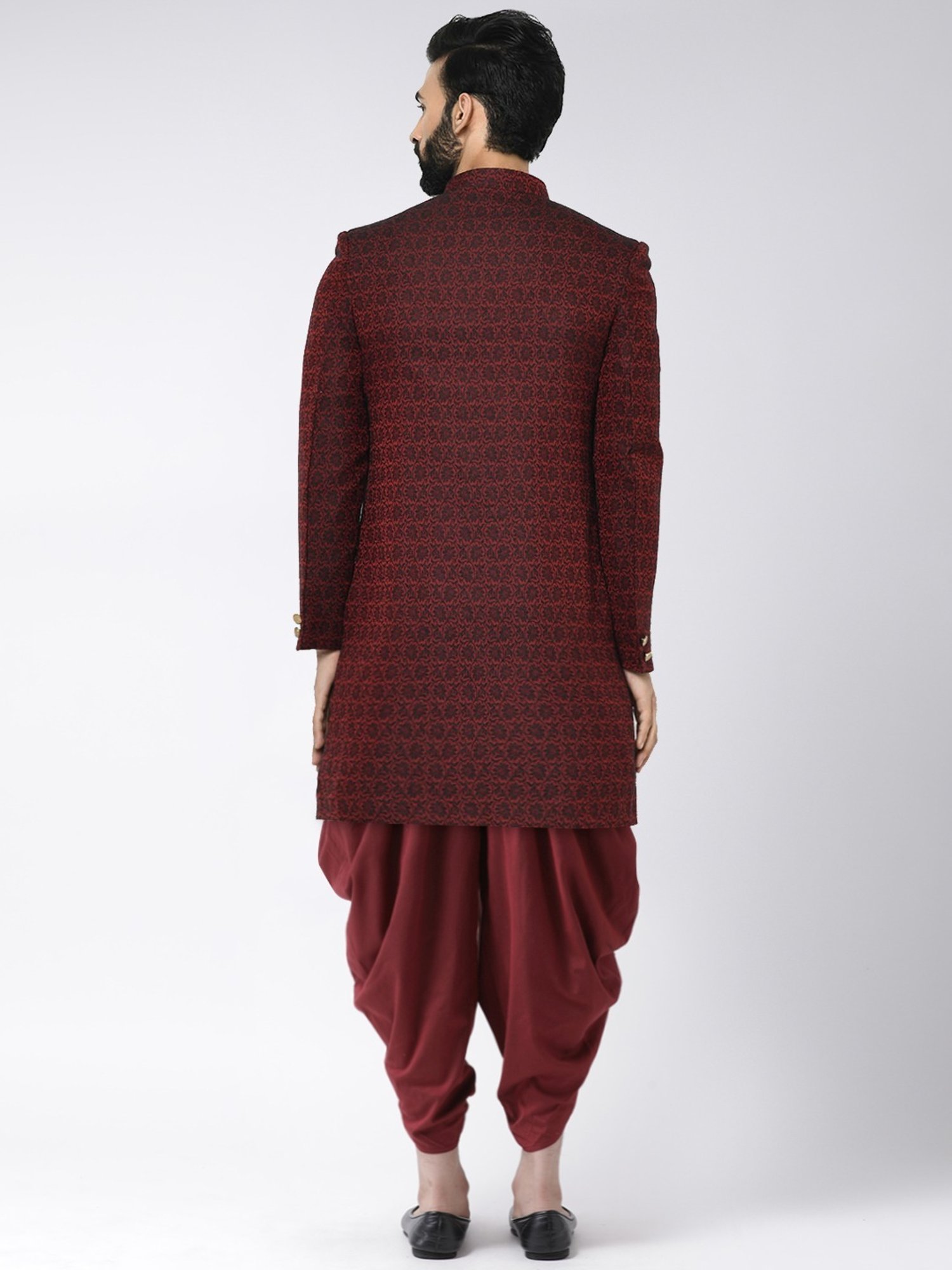 KISAH Maroon Regular Fit Jacquard Sherwani Set