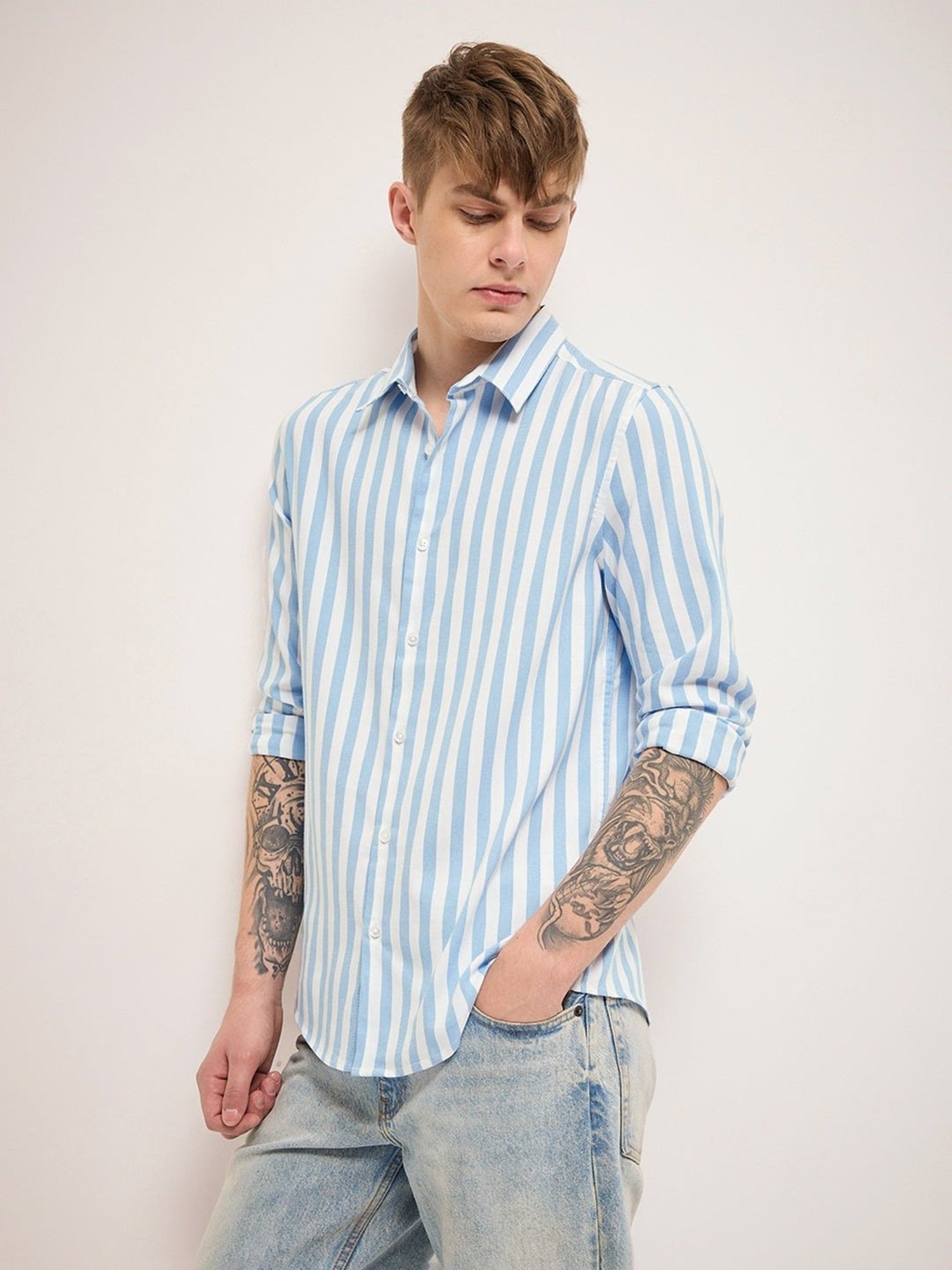 Kuons Avenue Cobalt Blue Slim Fit Denim Shirt