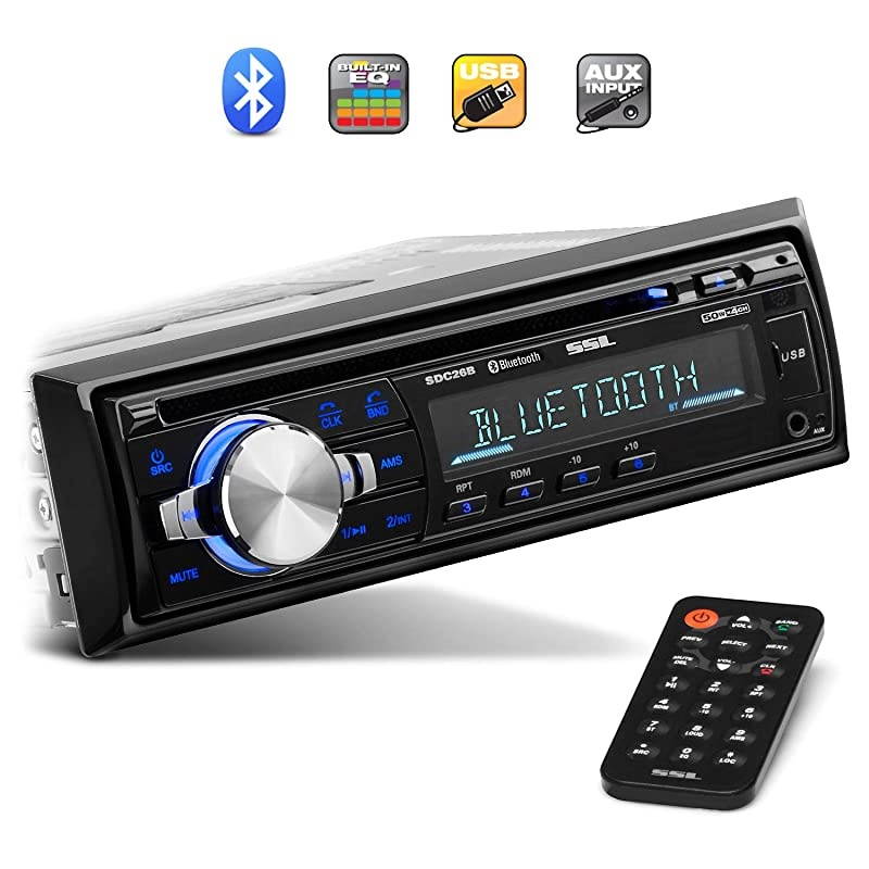 SDC26B Car Stereo Single Din Bluetooth Audio and HandsFree Calling Builtin Microphone MP3 Player CD USB Port AUX Input AMFM Radio Receiver Wireless Remote Control