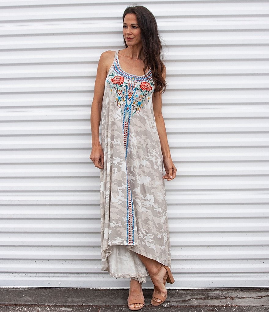 Karyn Seo Divya Faded Camoflage Embroidered Maxi Dress