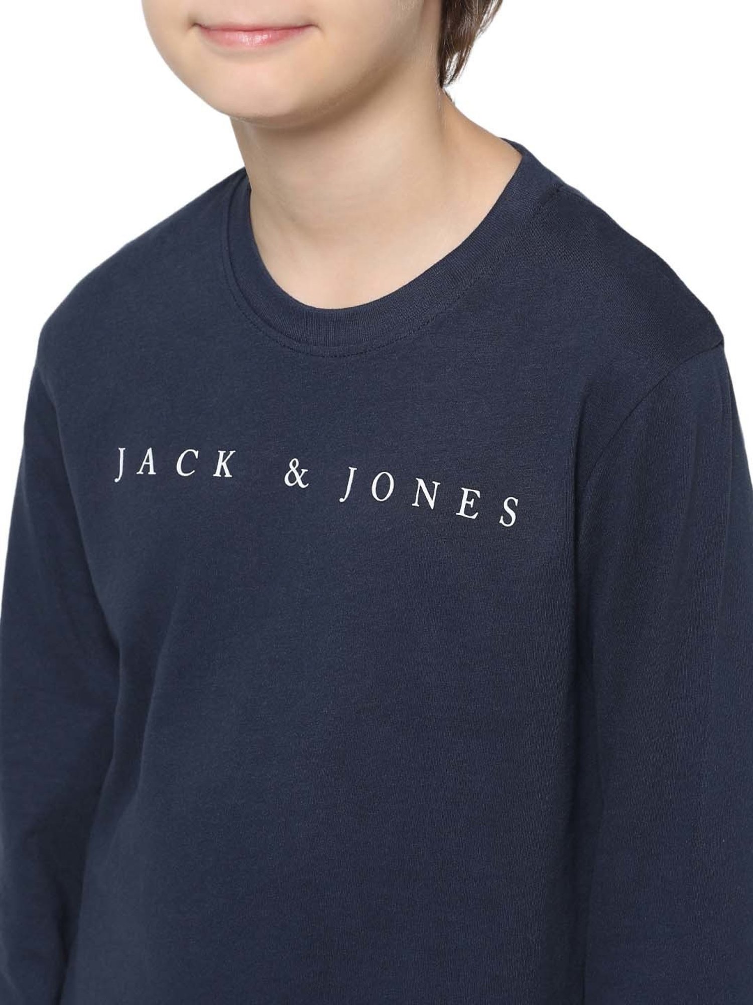 Jack & Jones Junior Navy Cotton Printed Full Sleeves T-Shirt