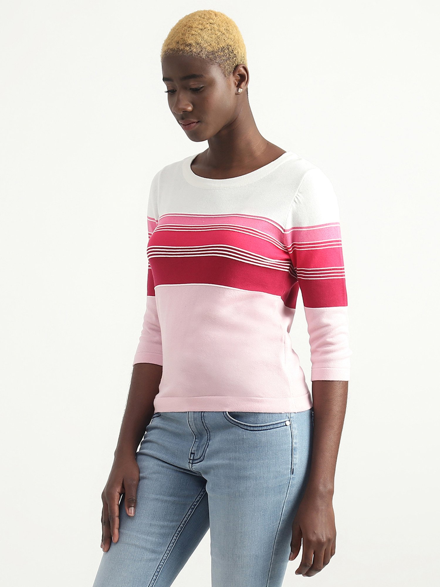 United Colors of Benetton White & Pink Cotton Striped Top