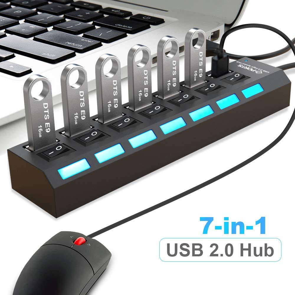 Multi Port USB Splitter, 7-Ports USB 2.0 Hub High Speed ON/Off Individual Switch with LEDs Compatible for All USB Device (7-Ports)