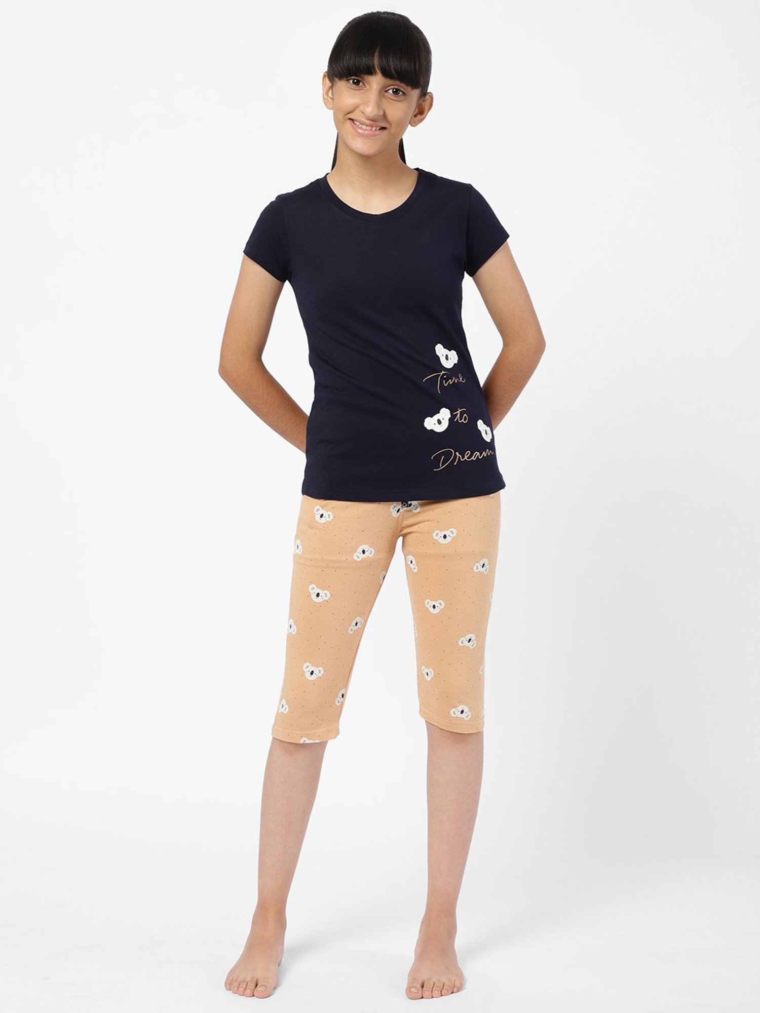 Sweet Dreams Kids Navy & Peach Printed T-Shirt with Capri