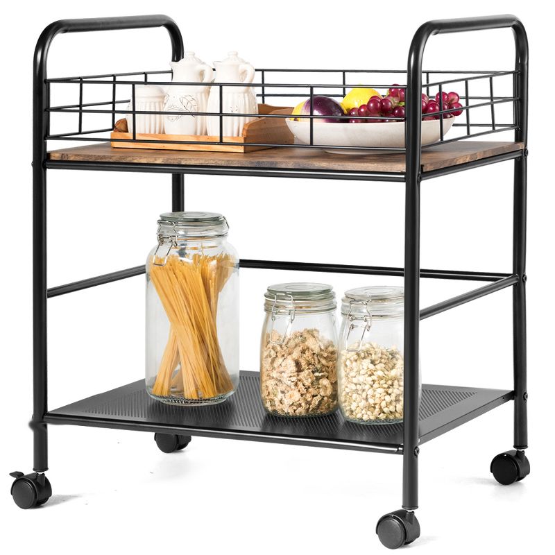 Costway 2-Tier Storage Rolling Cart Trolley W/Lockable Wheels Organizer Metal Frame Black