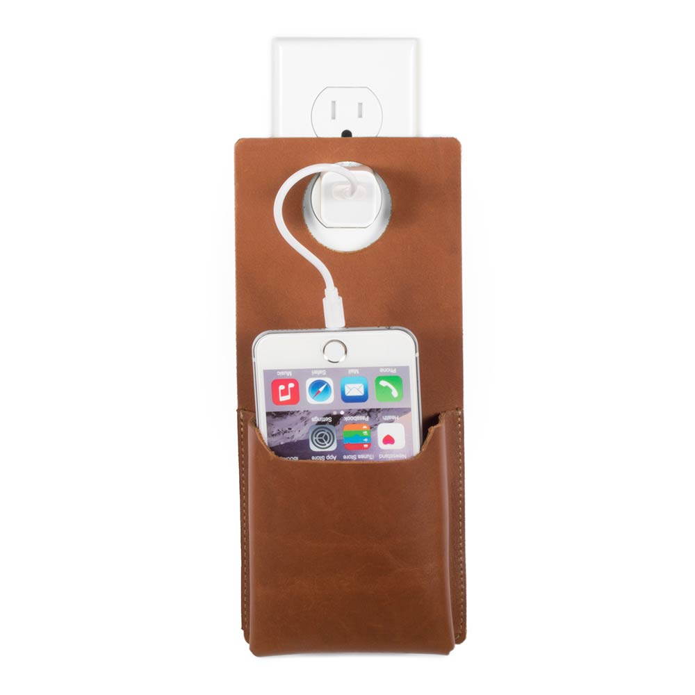 Quick Draw Genuine Leather Charging Holster - Outlet Suspended/Wall Mount Phone Cradle Stand. Solo/Single Style - Handmade in California