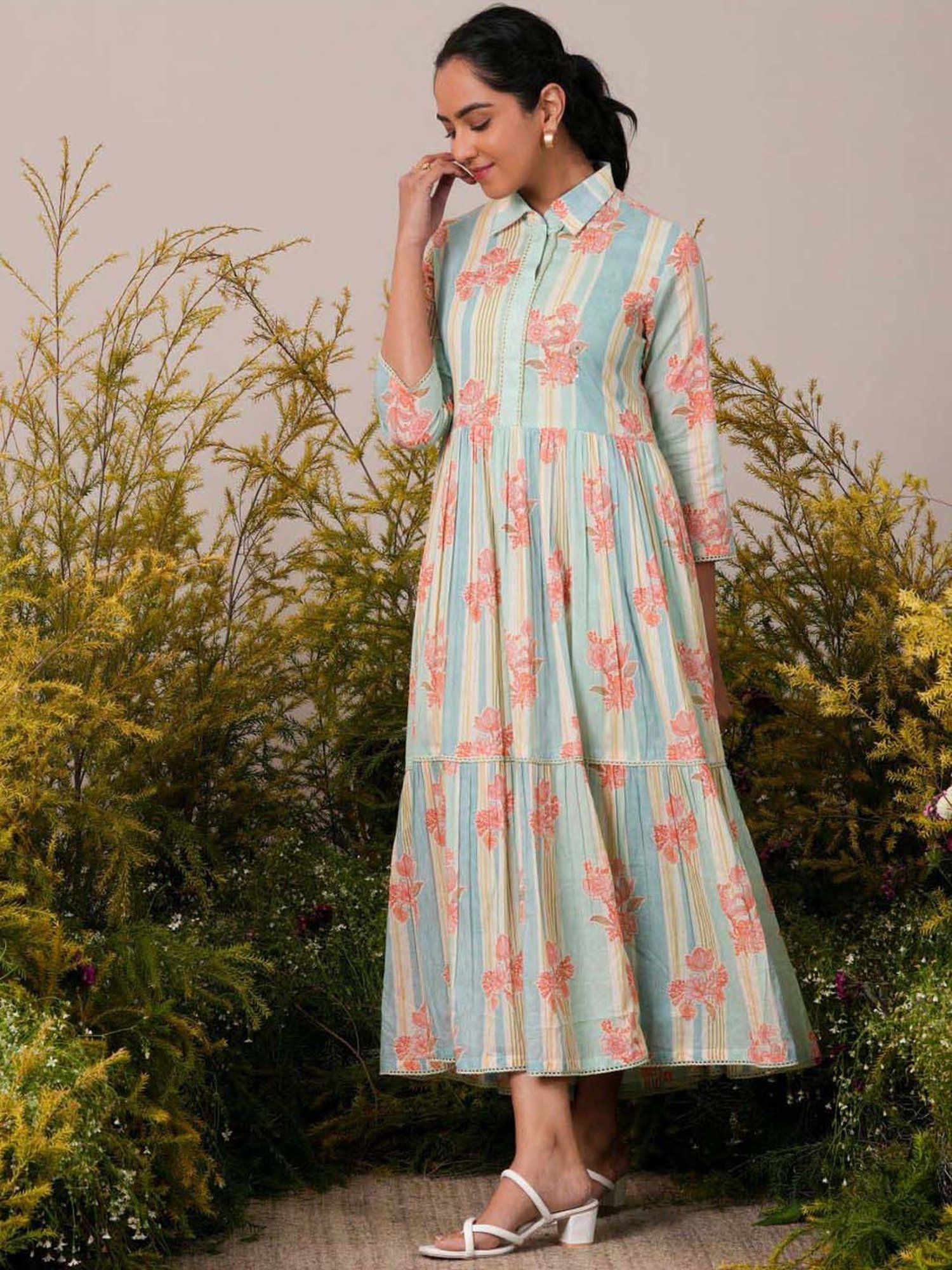 Libas Sea Green Cotton Printed Maxi Dress