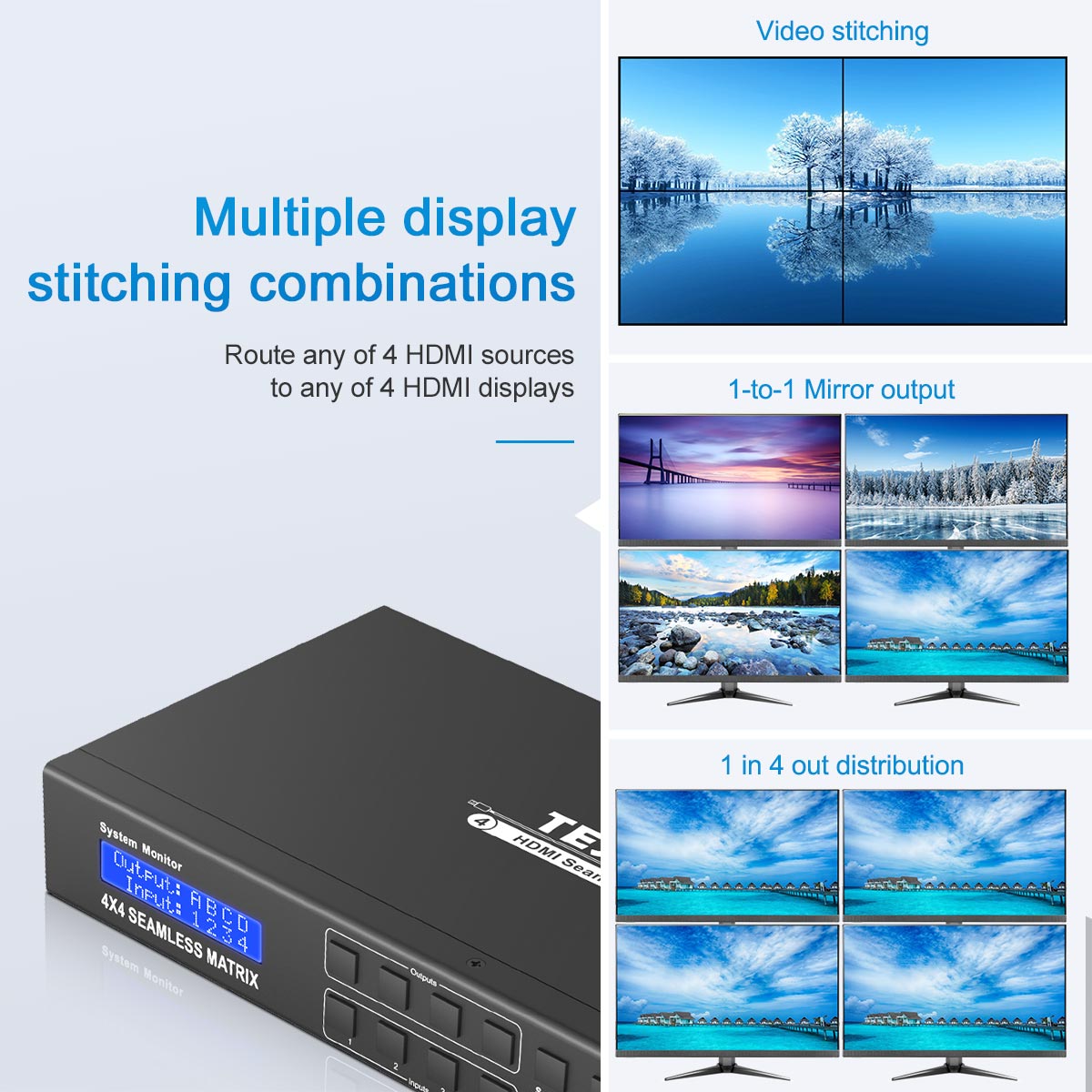 TESmart HDMI Matrix 4x4 Latest Updated 4k 30Hz Powered 4 in 4 Out HDMI Switch (4X4 A70-Seamless 2x2 Video Wall)