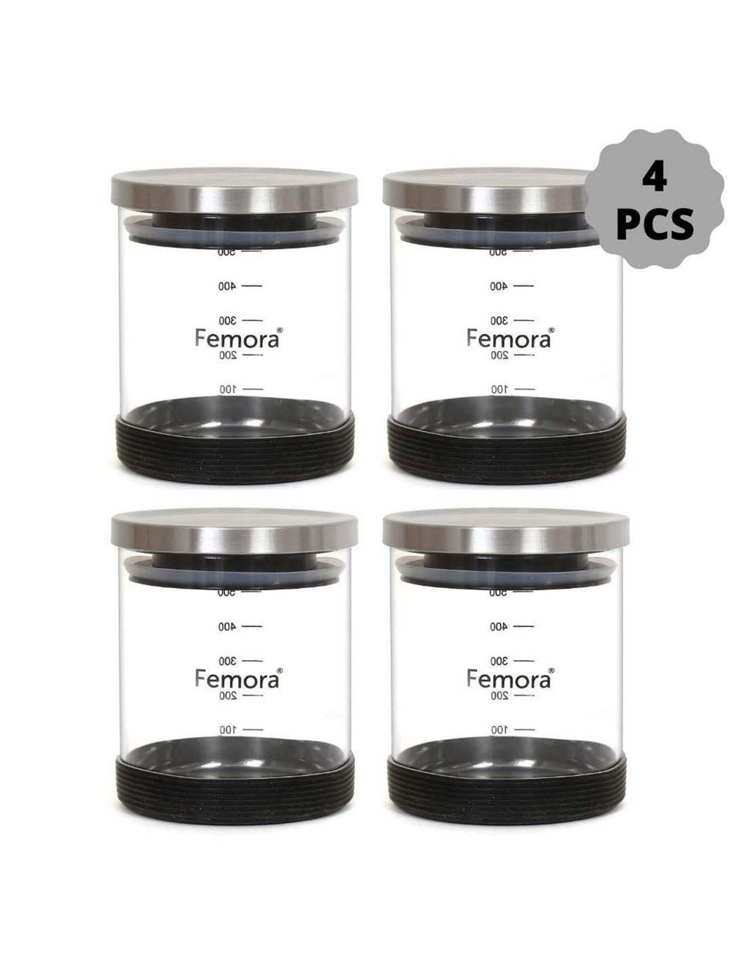 Femora Borosilicate Glass Storage Jar with Steel Lid (500 ml) - Set of 4