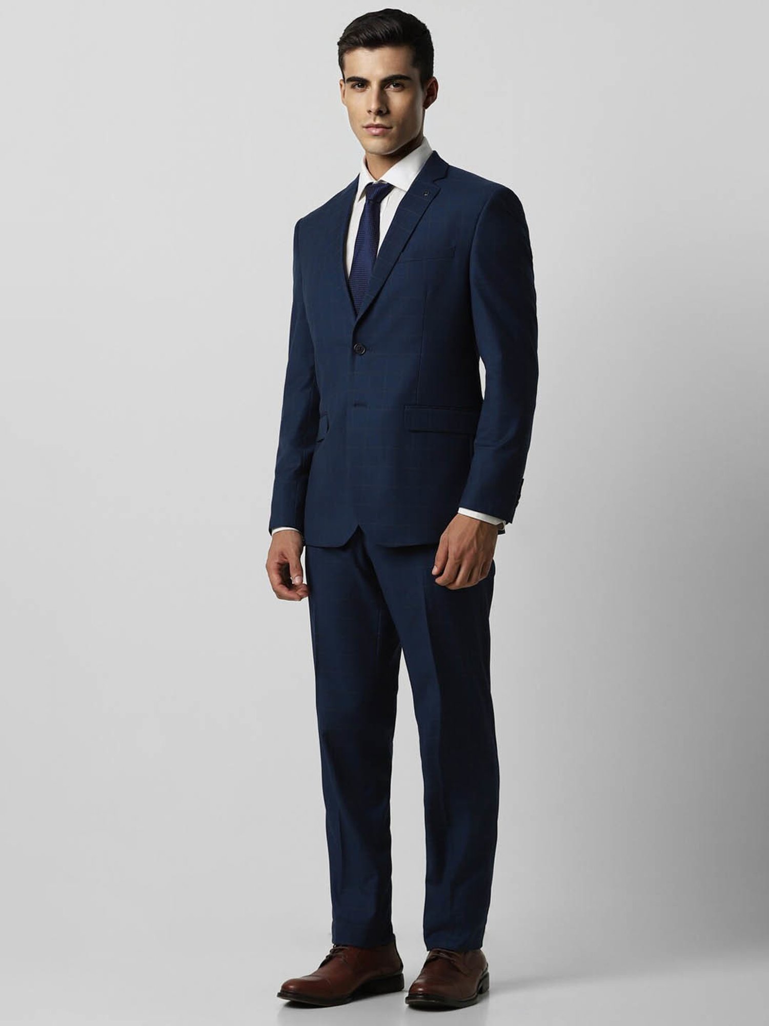 Van Heusen Navy Blue Slim Fit Checks Two Piece Suit