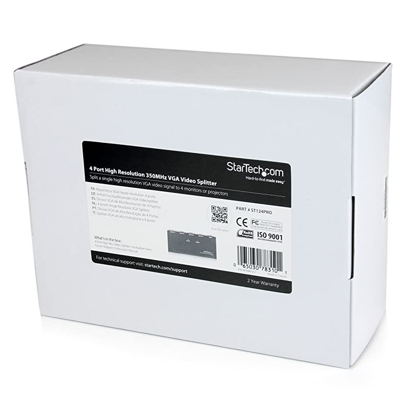 com 4-Port VGA Video Splitter - 300 MHz- VGA Splitter - 4 port - 2048x1536 @ 80Hz (ST124PRO) Black