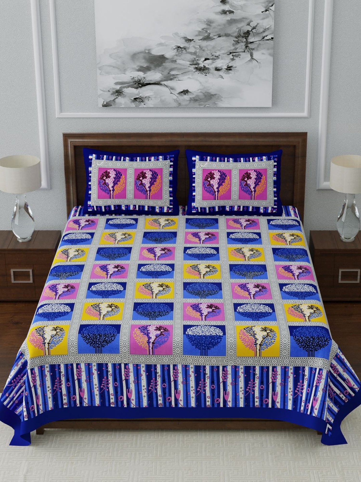 Living Roots Multicolor Jaipuri Printed Cotton Bed Sheet with 2 Pillow Cover