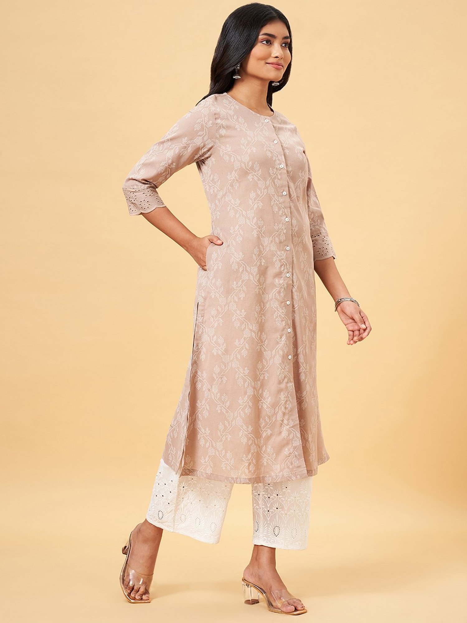 Rangmanch by Pantaloons Beige Cotton Printed Straight Kurta
