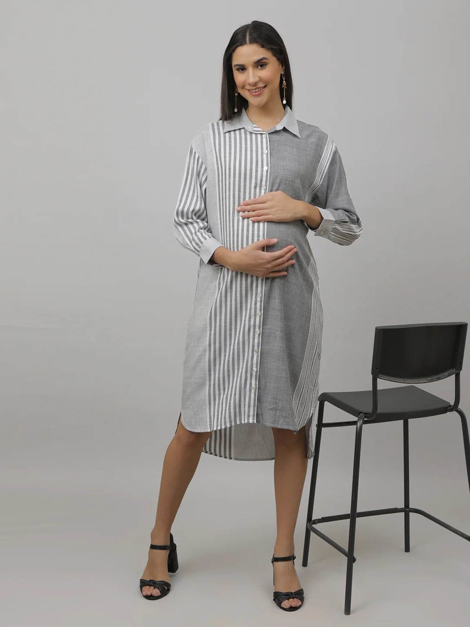 The Mom Store Grey & White Cotton Striped Maternity & Nursing Dress