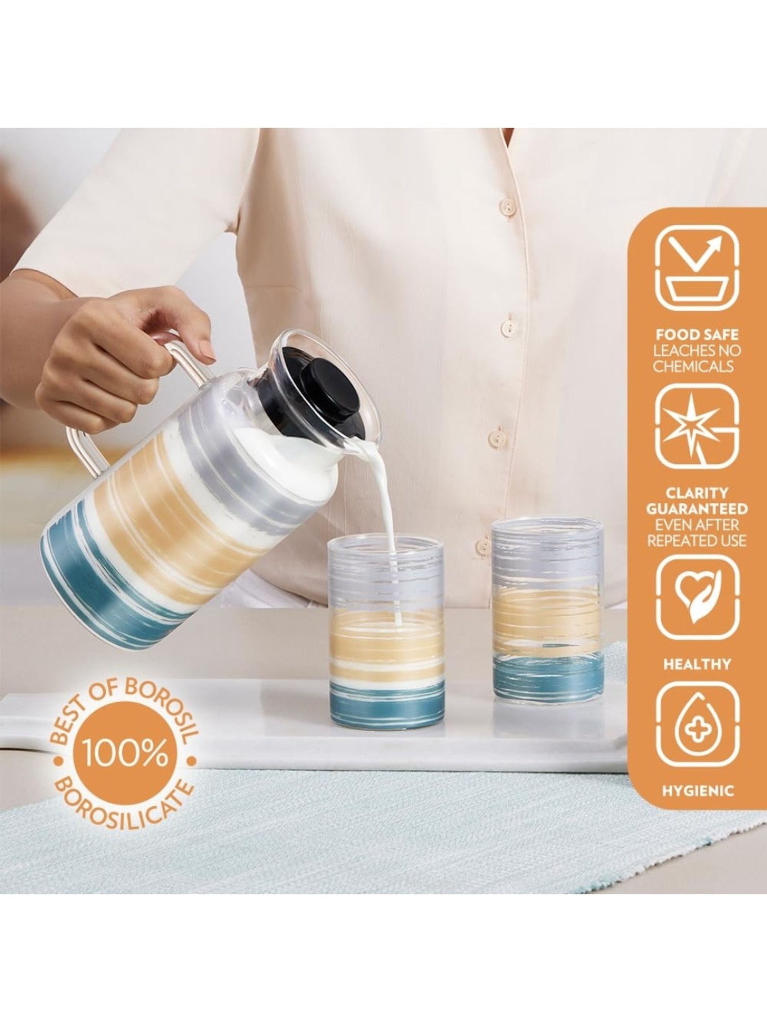 Borosil Glance Transparent Borosilicate Glass Jug with tow set of Glass Medium (295 ml)