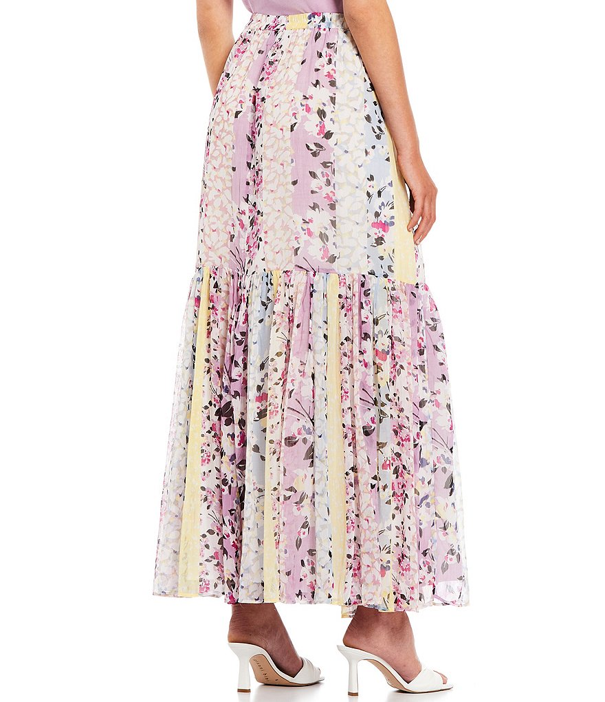 French Connection Ekeze Floral Stripe Side Slit Tiered Skirt