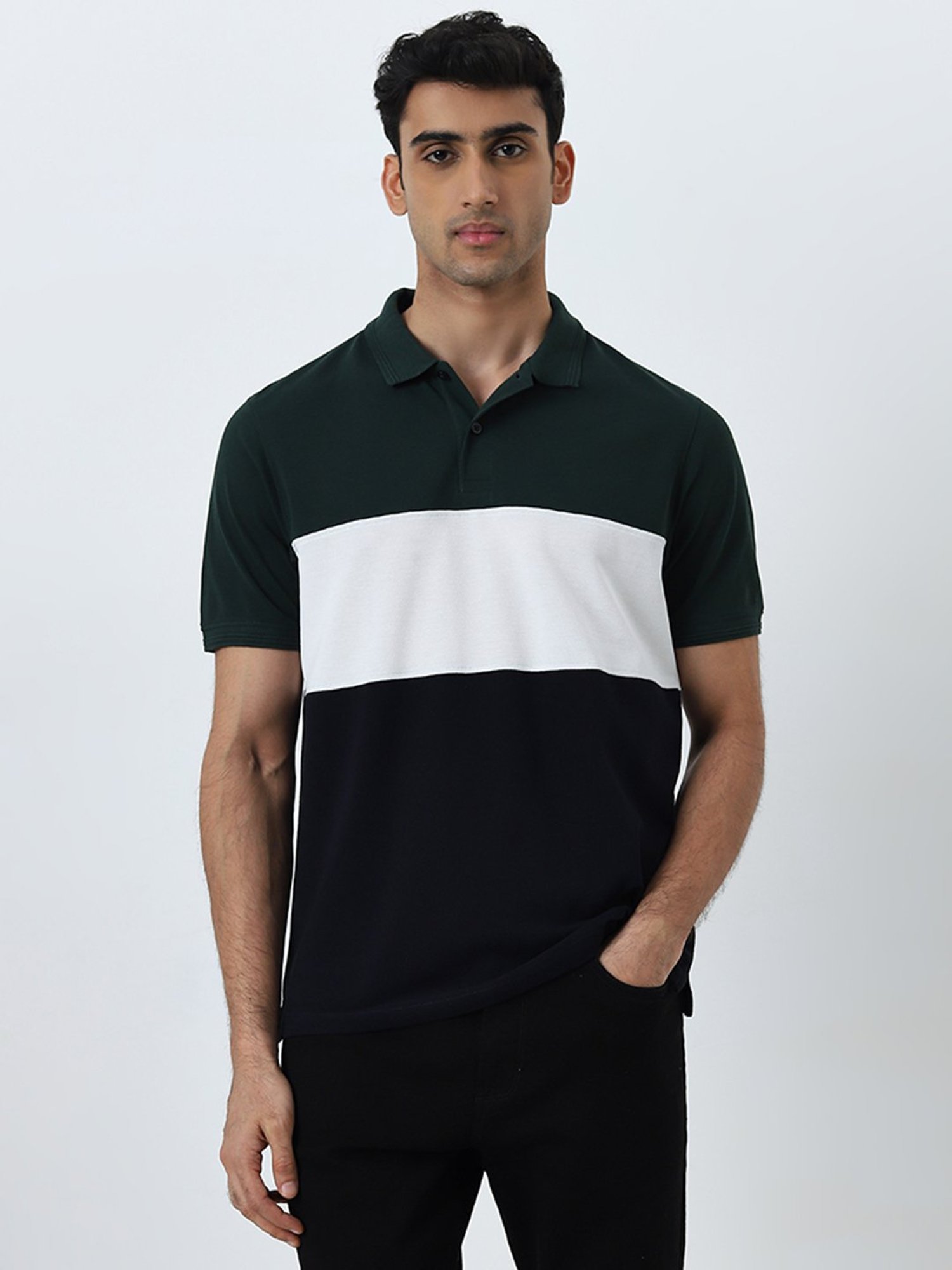 WES Casuals by Westside Dark Green Colour-Blocked Relaxed-Fit T-Shirt