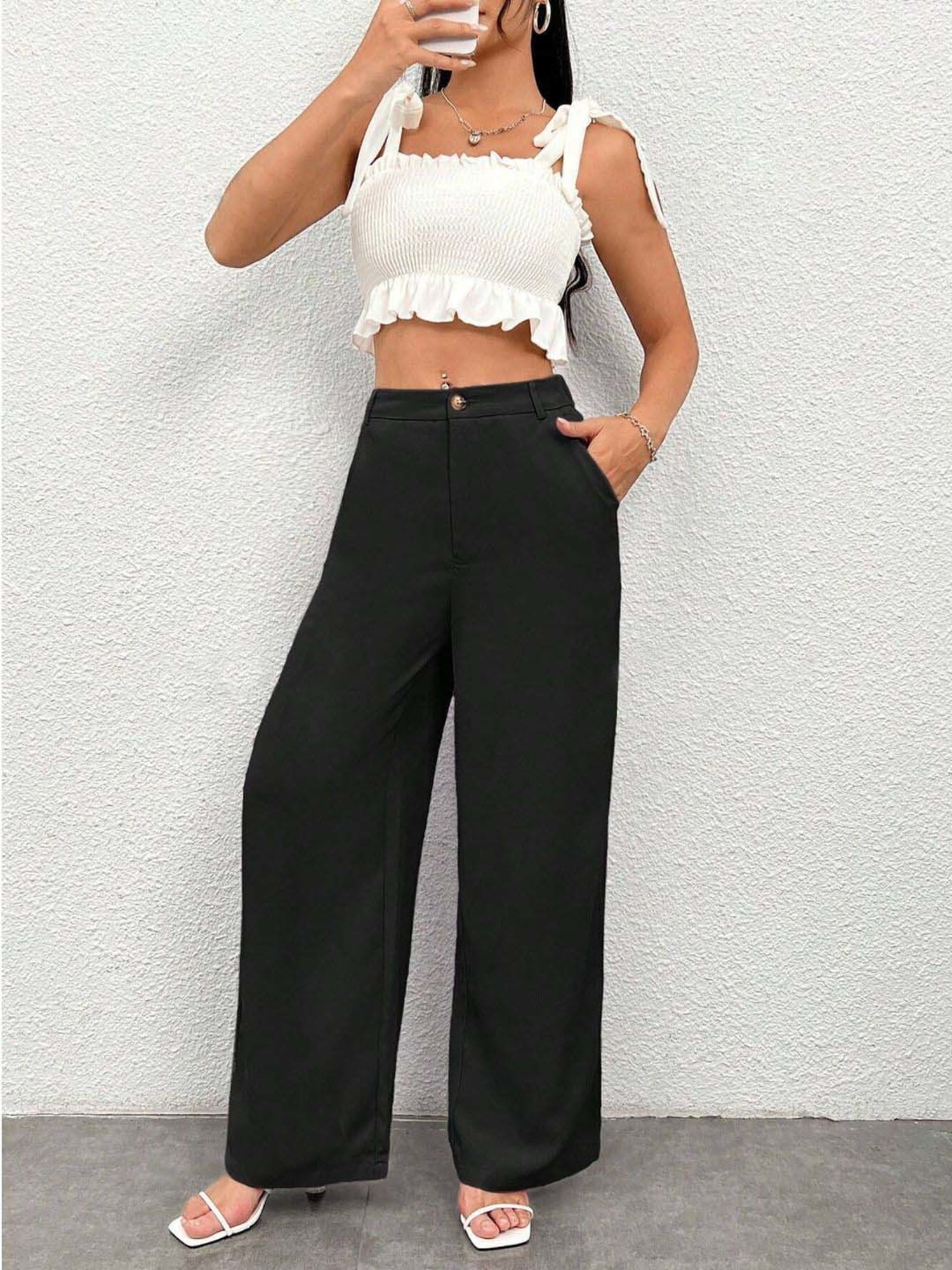 BUYNEWTREND Black High rise Formal Trousers