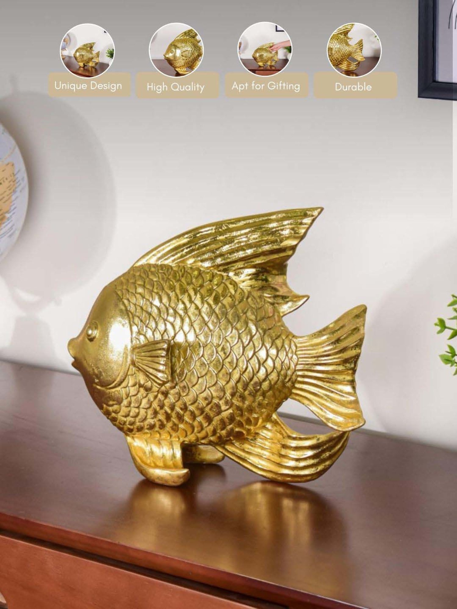 Nestasia Artisanal Intricate Textured Golden Lustre Resin Fish Table Decor With Anti Skid Base 11 "