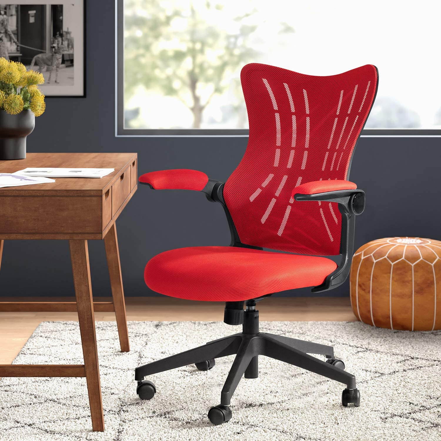 Furmax Office Desk Chair with Flip Up Arms, Mesh Mid Back Computer Chair Swivel Task Chair with Ergonomic Lumbar Support (White)