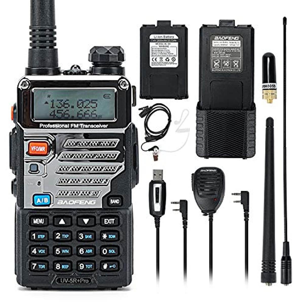 BaoFeng UV-5R Pro Dual Band Two Way Radio with one More 3800mAh Battery, Hand Mic, Acoustic Tube Surveillance Earphone, USB Programming Cable, NA-771 Antenna and SRH805S Antenna Radio