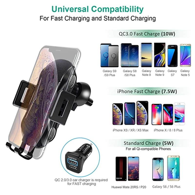 Car Charger Automatic Clamping 10W Qi Fast Charging Car Charger Mount Compatible with iPhone 1111pro11pro MAXXs MAXXSXRX88p Samsung S10S10+S9S9+S8S8+