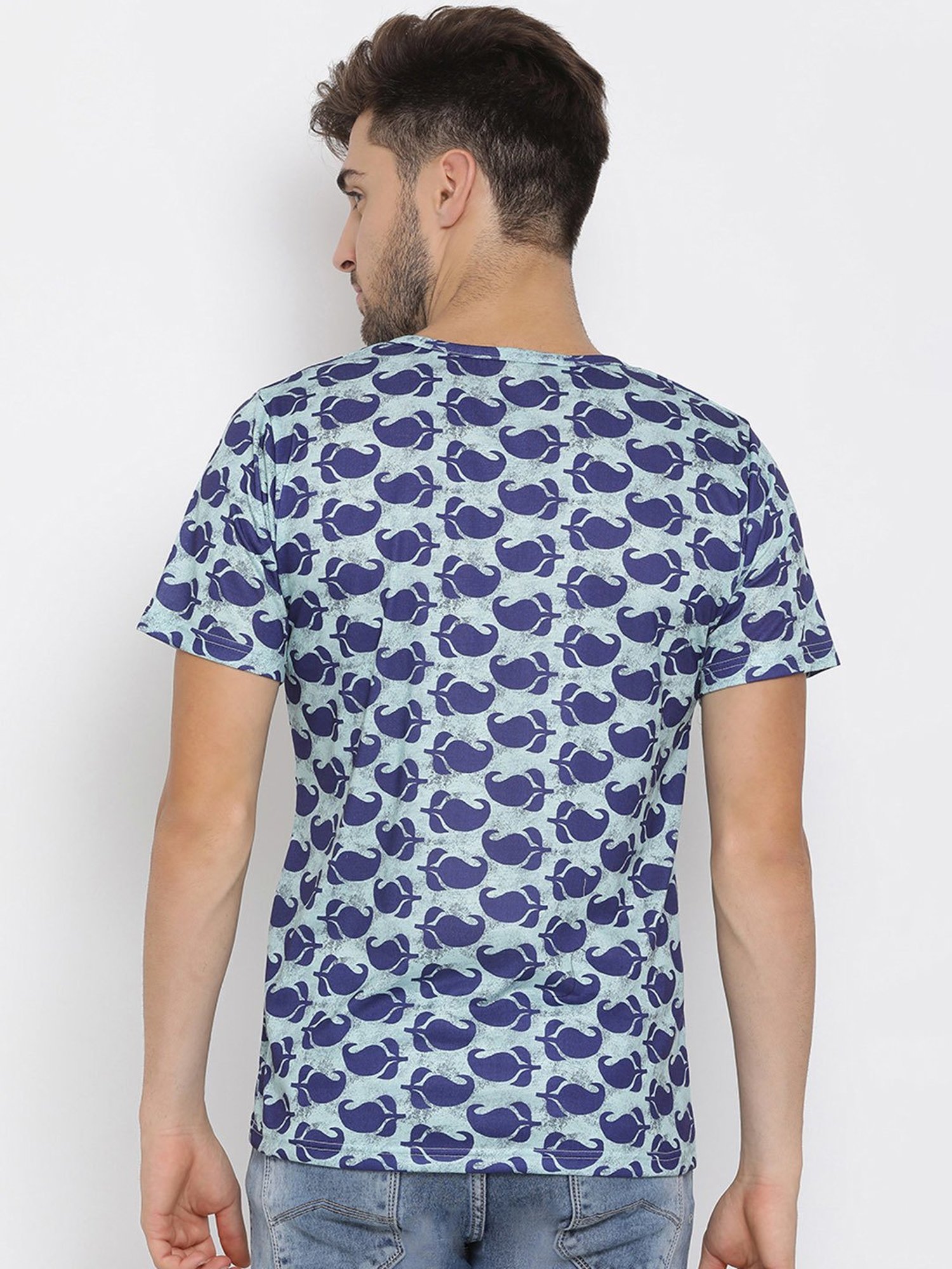 Hangup Plus Blue Regular Fit Printed Henley T-Shirt