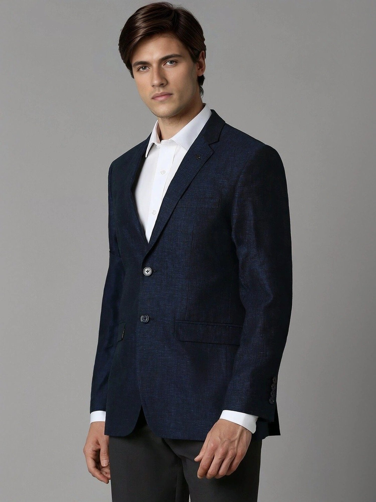 Louis Philippe Navy Linen Slim Fit Texture Blazer