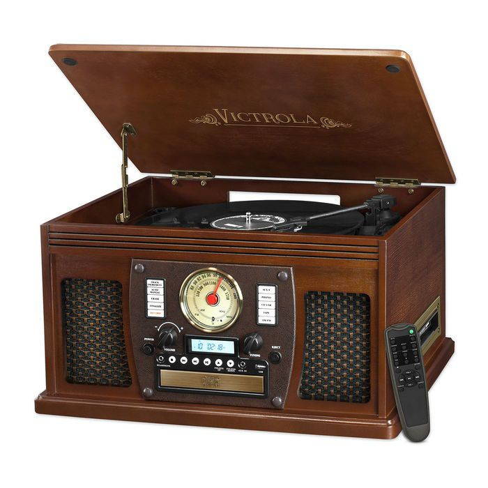 victrola nostalgic aviator wood 8in1 bluetooth turntable entertainment center, espresso