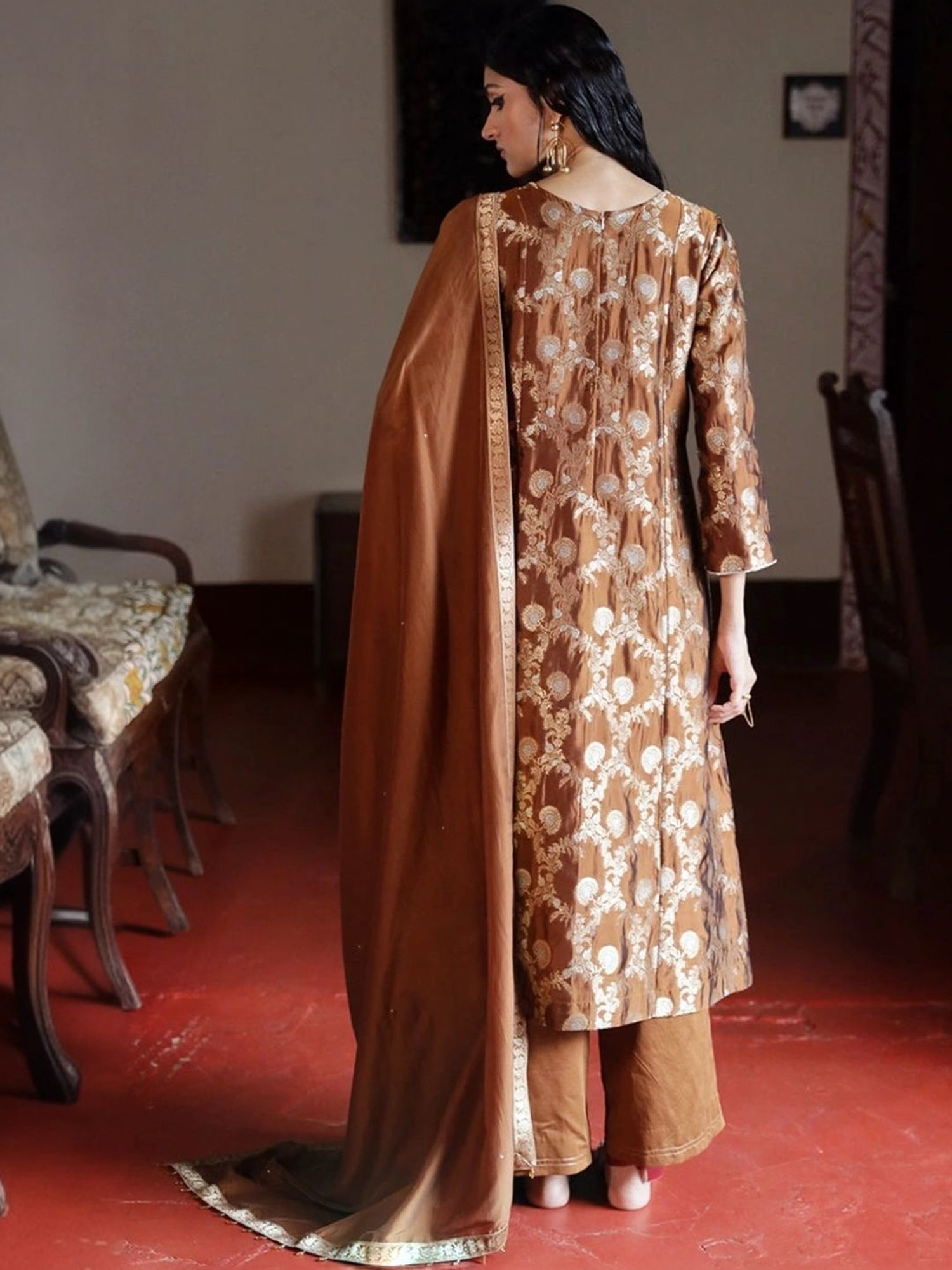 Ganga Fashions Argan Oil Brown Woven Silk Kurta with Salwar and Dupatta