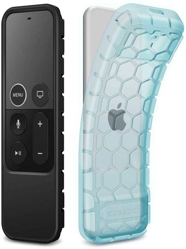 [2 Pack] Fintie Protective Case for Apple TV 4K 5th, 4th Gen Remote - Casebot (Honey Comb Series) Anti Slip Shockproof Silicone Cover for Apple TV Siri Remote Controller (Black + Blue Glow)