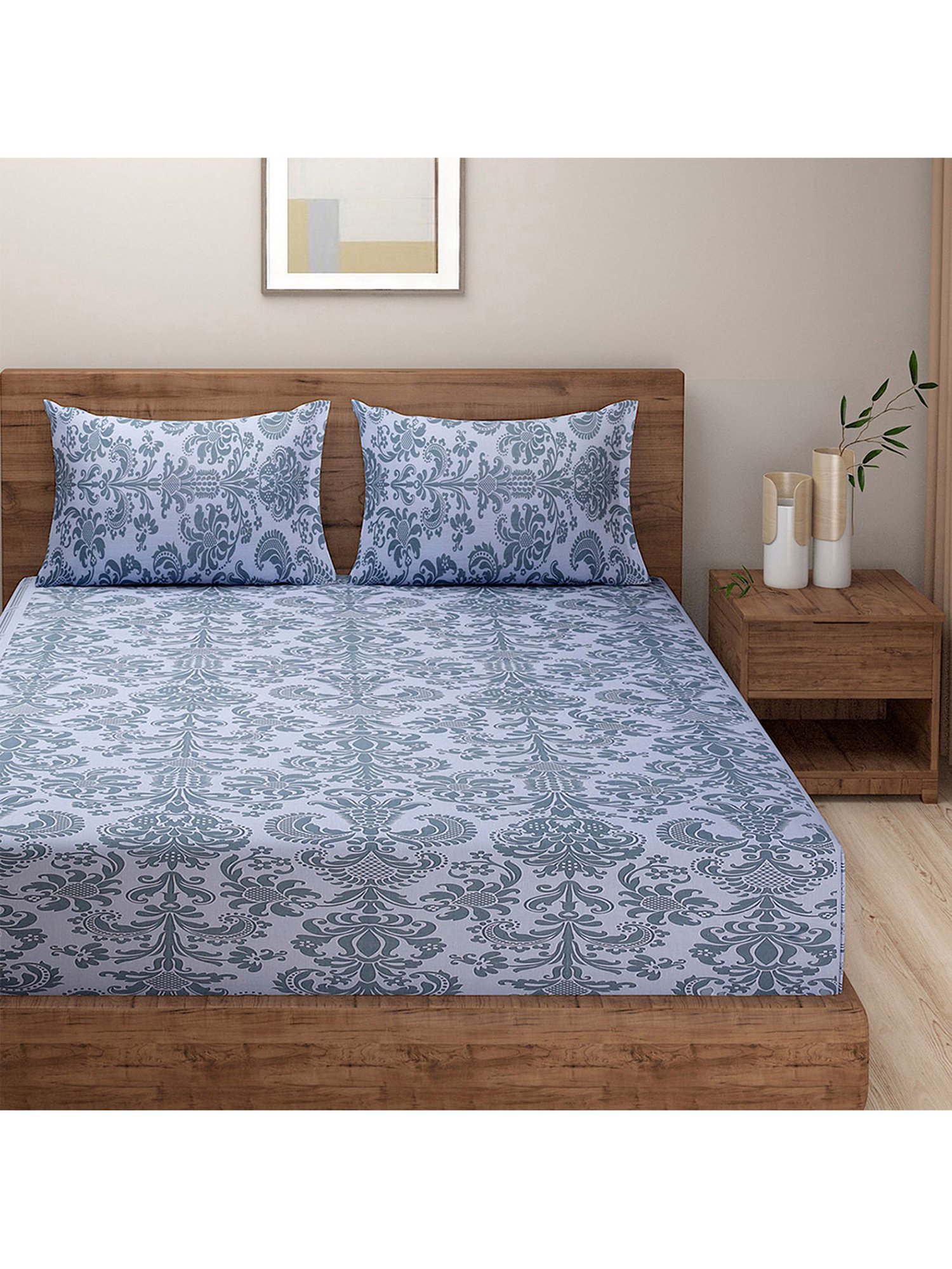 Swayam Vedic Motif Grey & Blue 180 TC Cotton Double Bedsheet with 2 Pillow covers