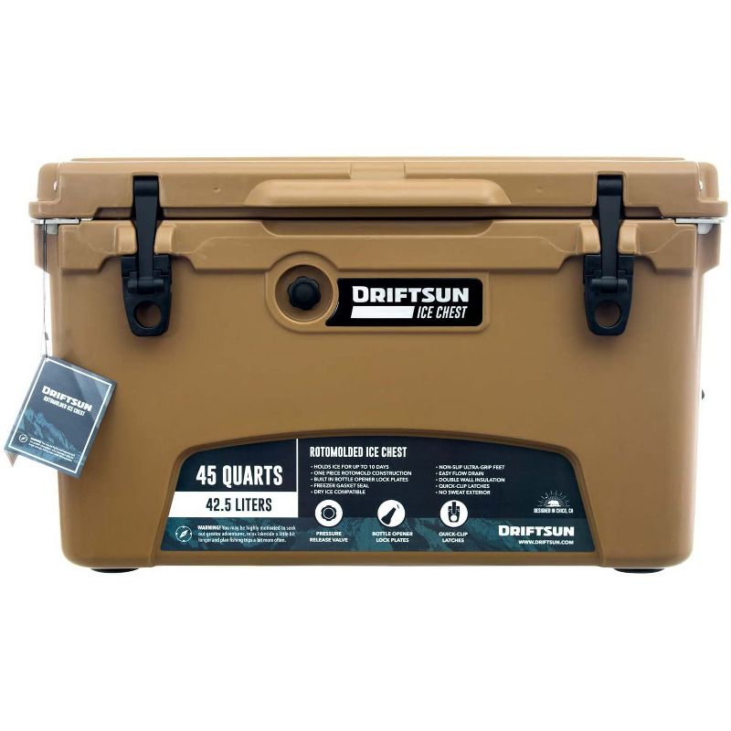 Driftsun Heavy Duty Rotomolded Thermoplastic UV Resistant Portable 45 Quart Insulated Hardside Ice Chest Beverage Cooler, Tan