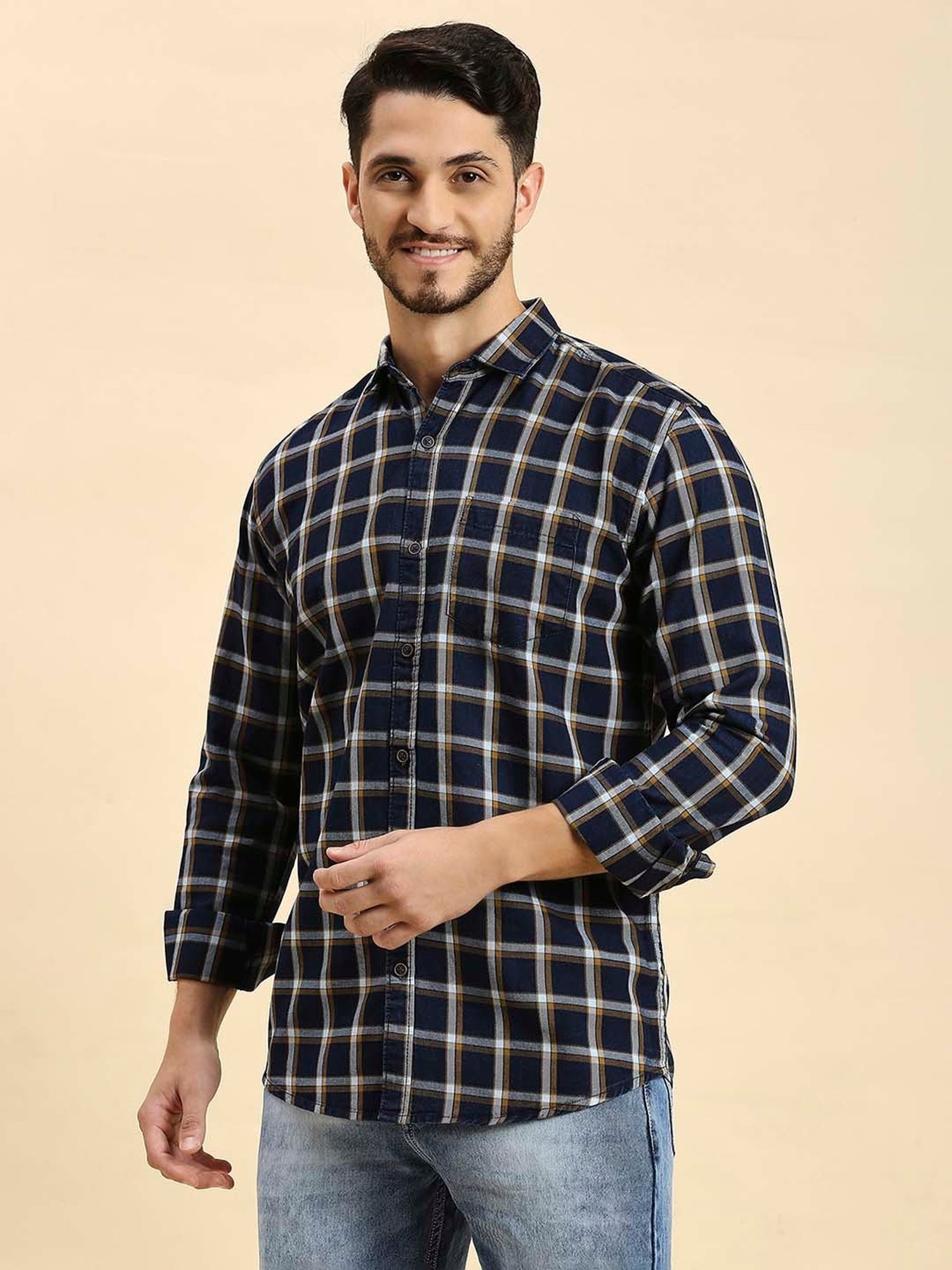 HJ HASASI Navy Slim Fit Check Cotton Shirt