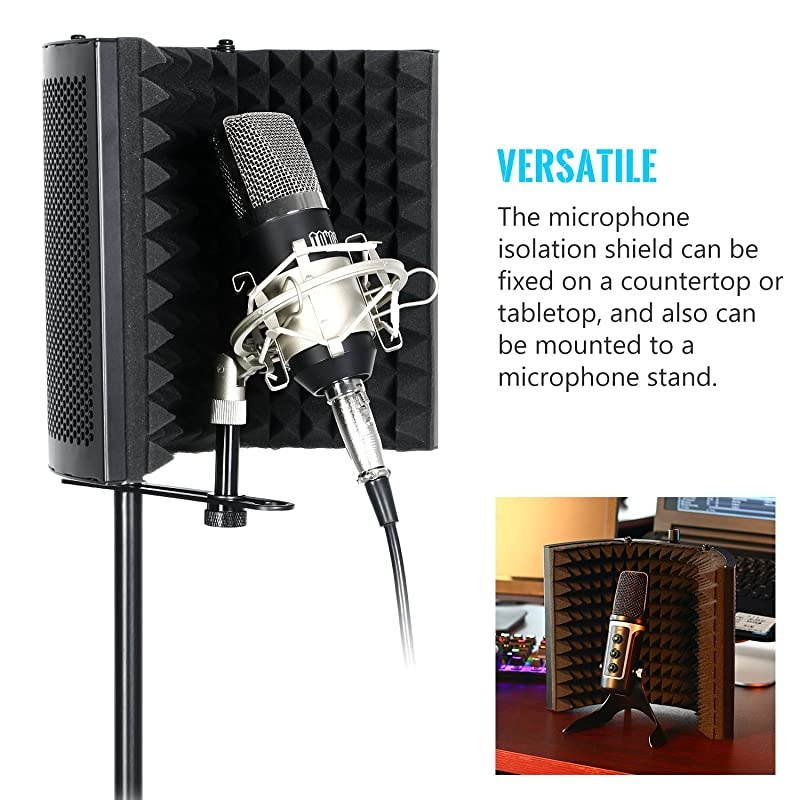 Microphone Isolation Shield, Studio Mic Sound Absorbing Foam Reflector for Any Condenser Microphone Recording Equipment Studio, Black
