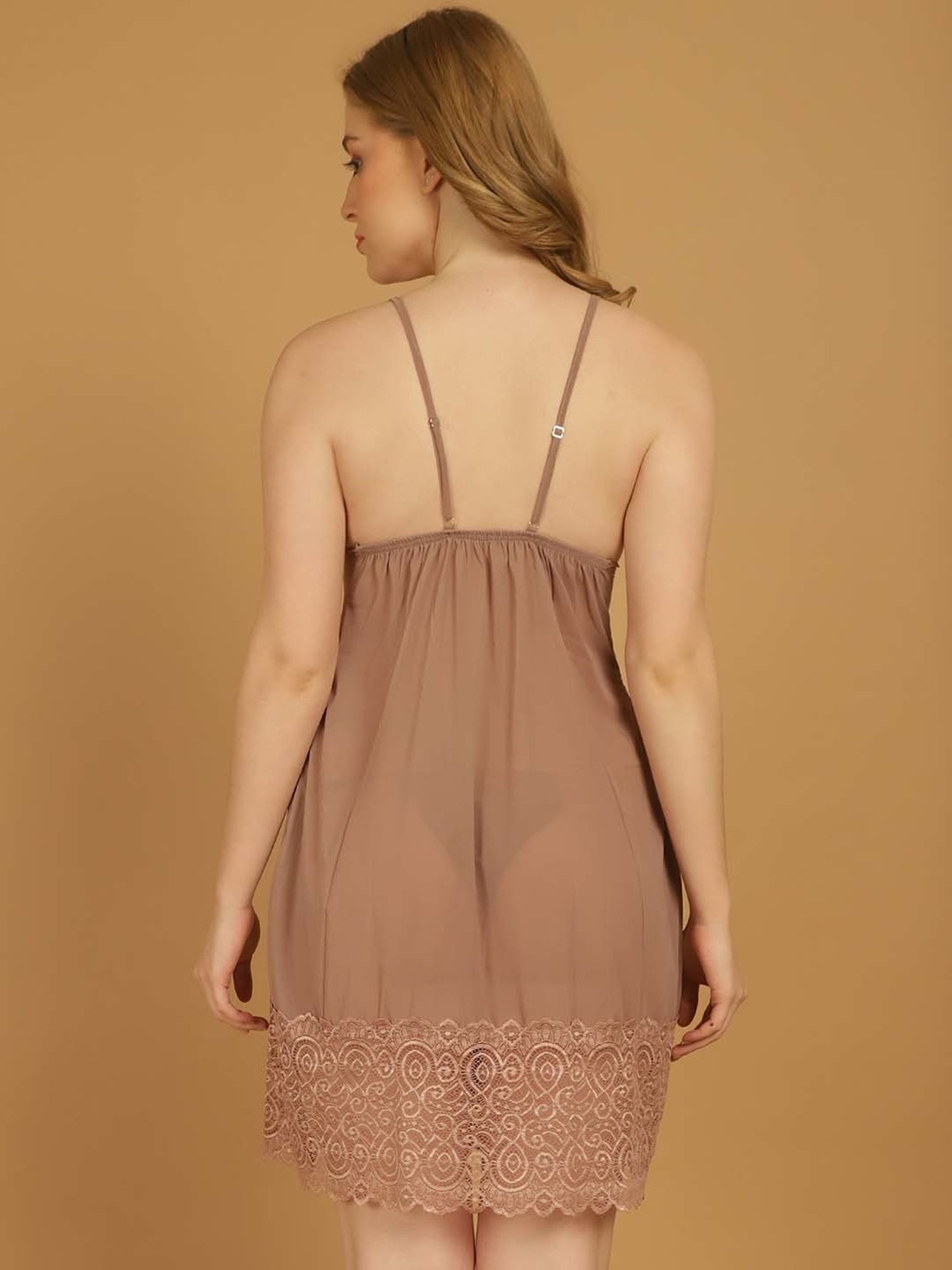 Stylee LIFESTYLE Beige Lace Work Babydoll With Brief