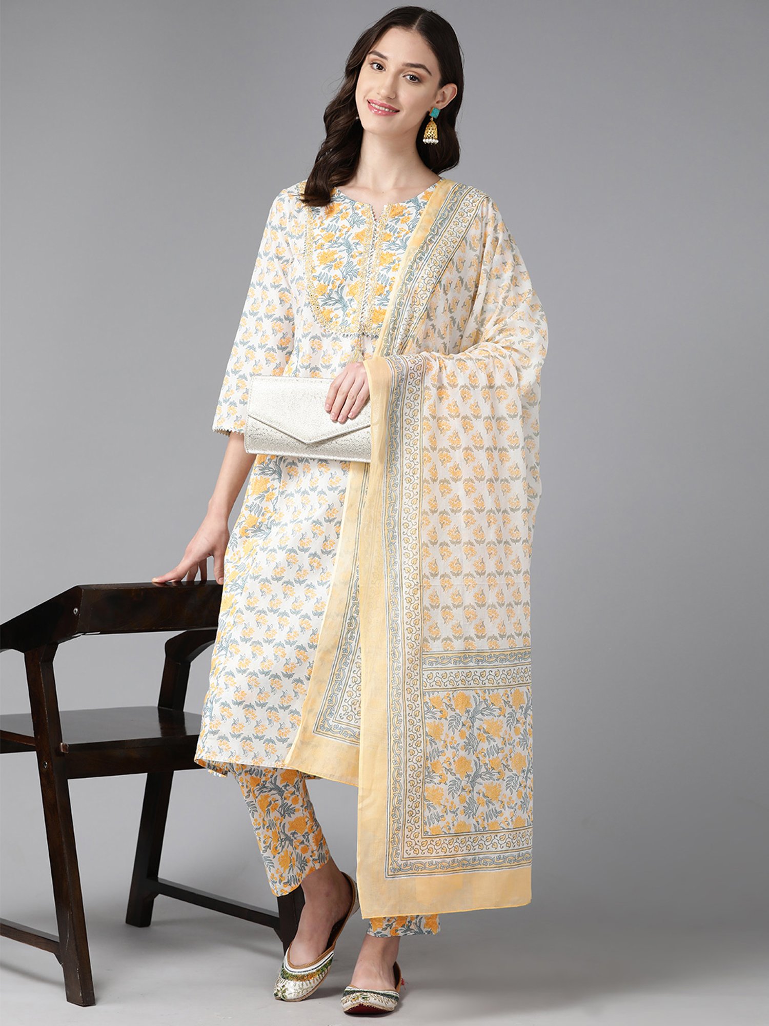 Prakrti White Cotton Floral Print Kurta With Pant & Dupatta