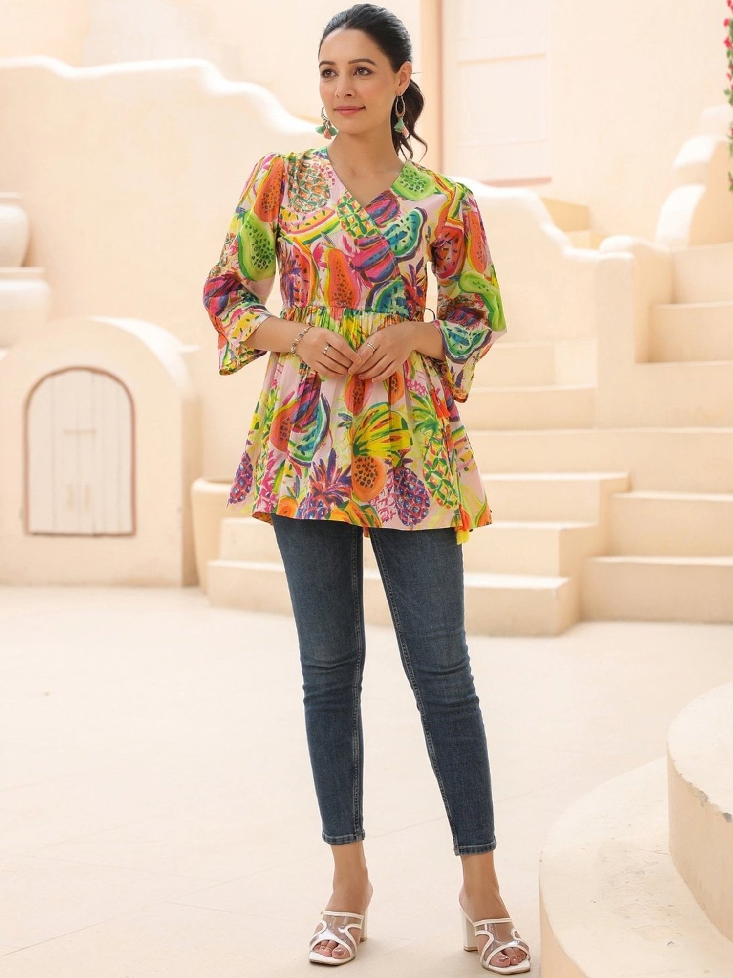 Rain and Rainbow Multicolored Cotton Printed Top