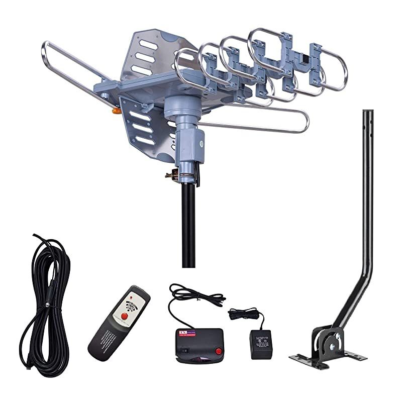 Miles Range Amplified Digital Outdoor TV Antenna with Mount Pole 4K1080p High Reception 40feet RG6 Coaxial Cable360 Degree Rotation Wireless Remote Snap On Installation2 TVs Function