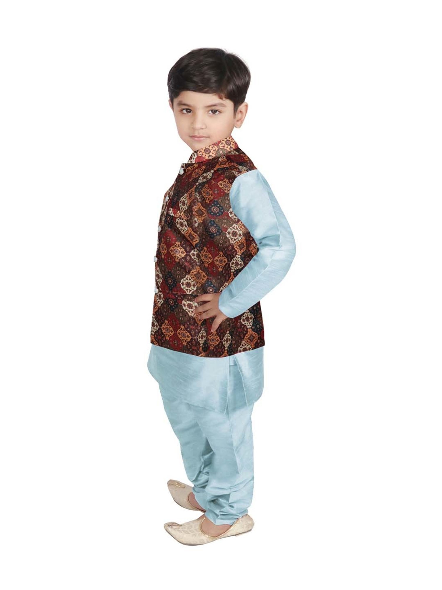 SG Yuvraj Kids Brown & Blue Printed Full Sleeves Kurta Set
