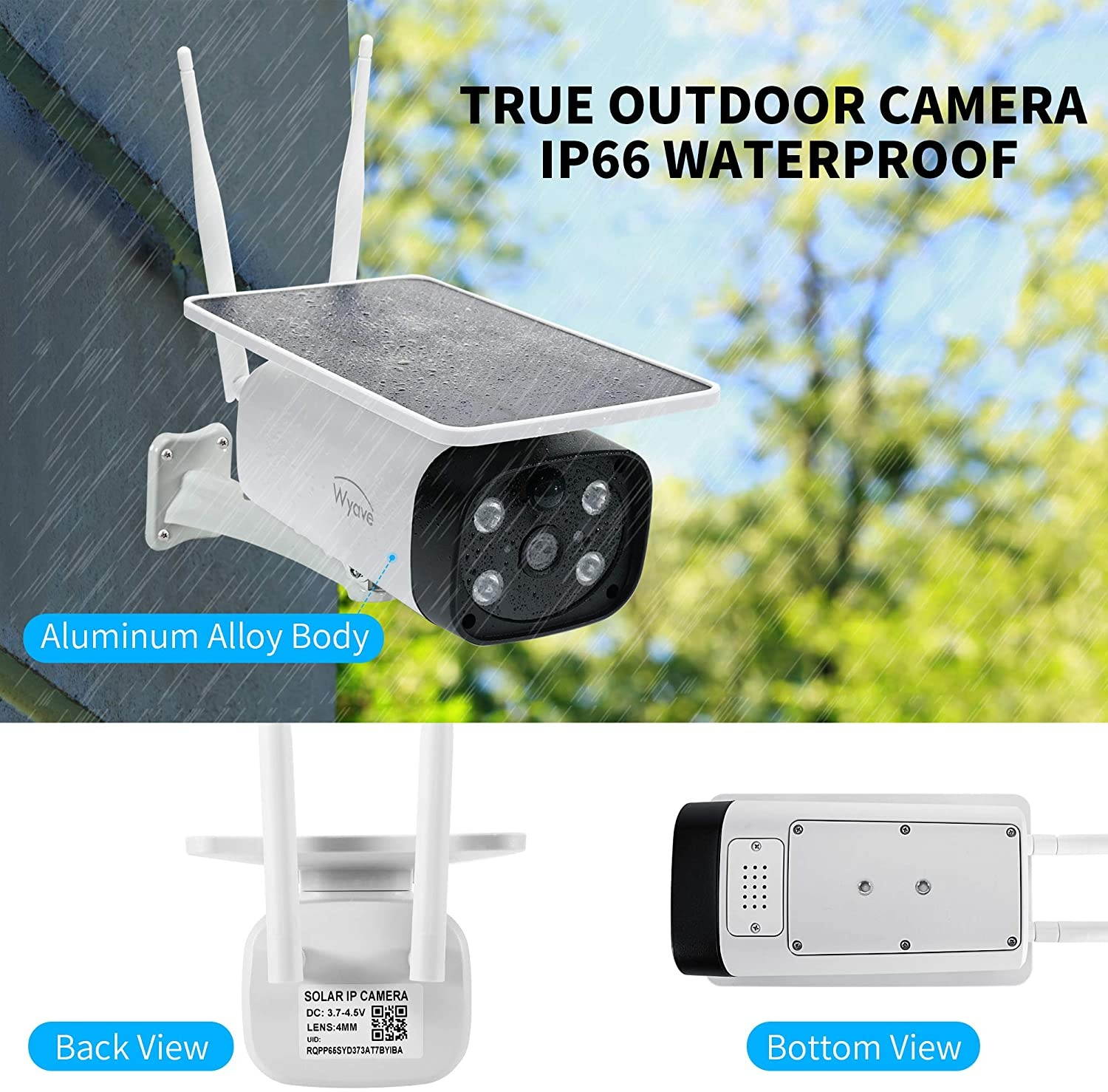 Wyave Outdoor Solar-Powered Security Camera,No Wire,No Charging,Free 32GB SD Card,Free 30-Day Cloud Storage,Support 2 Spotlights,PIR Motion Detection,2 Megapixel HD Video
