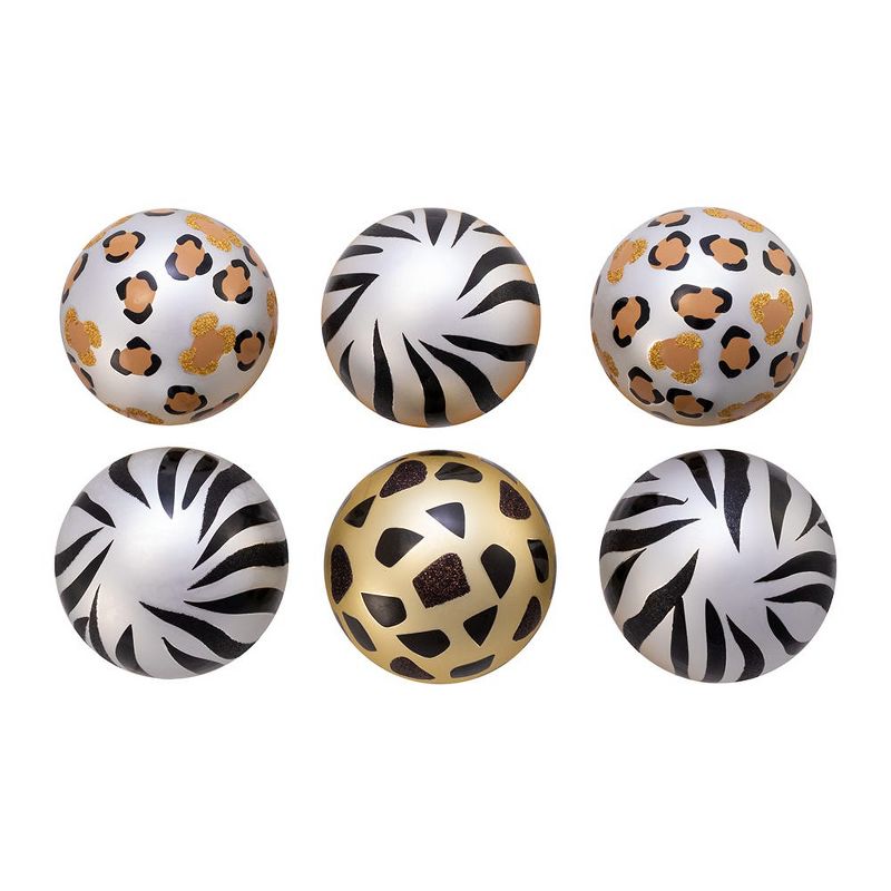 Kurt Adler 80MM Gold, Silver and Black Animal Glass Ball Ornaments, 6 Piece Box