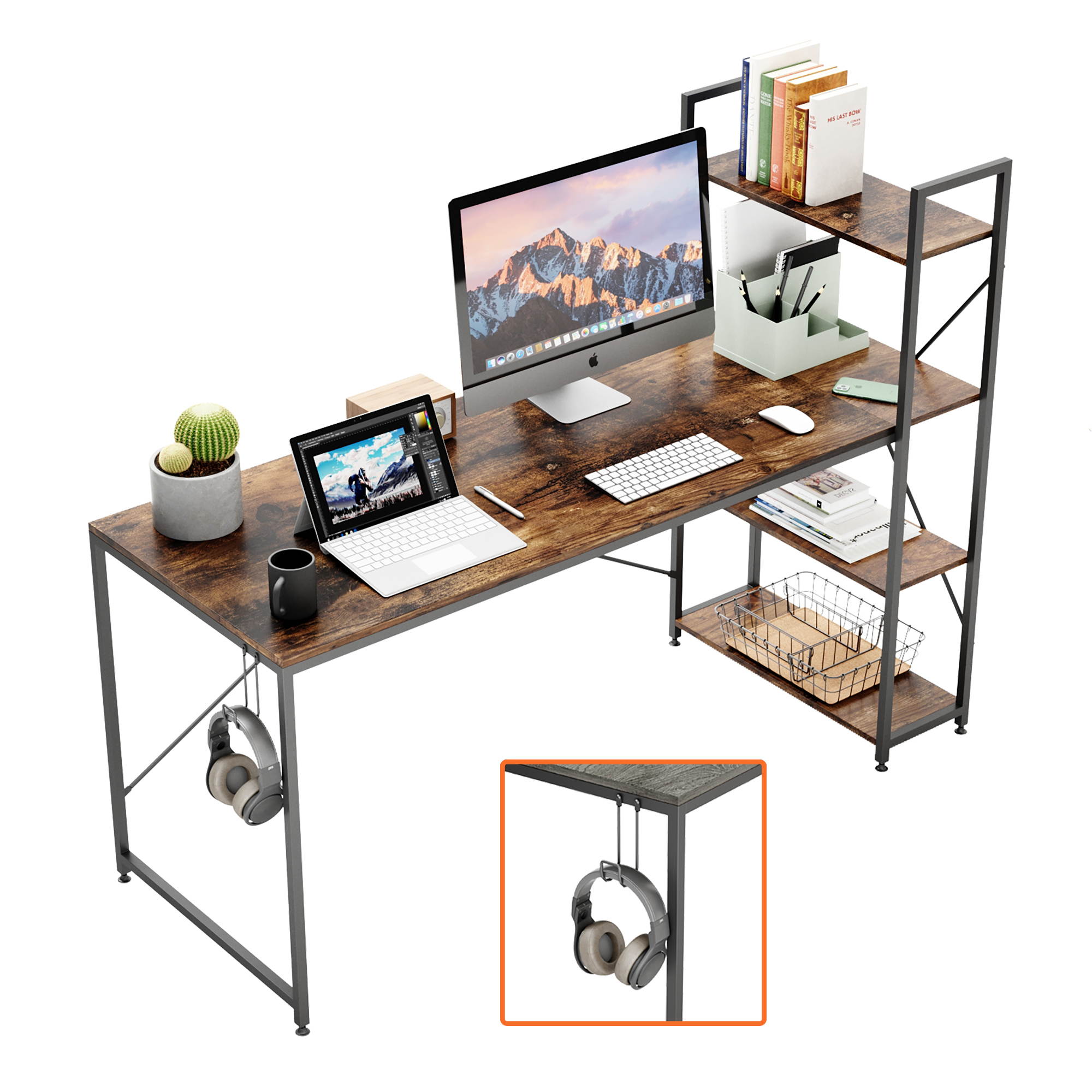 Bestier 63 Inch Computer Desk with Storage Shelves, Modern Bookshelf Desk with Headphone Hook Large Workstation Writing Desk with Reversible Bookshelves Home Office Work Table Study Desk Grey