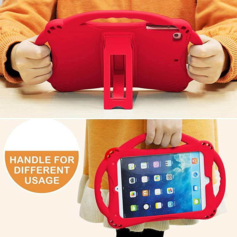 Kids Case for iPad Mini 5 4 3 2 1,Silicone Childproof for All Kinds of iPad Mini, Built-in Handle Stand, Comes with 2-4 Feet Adjustable Strap. (Red)