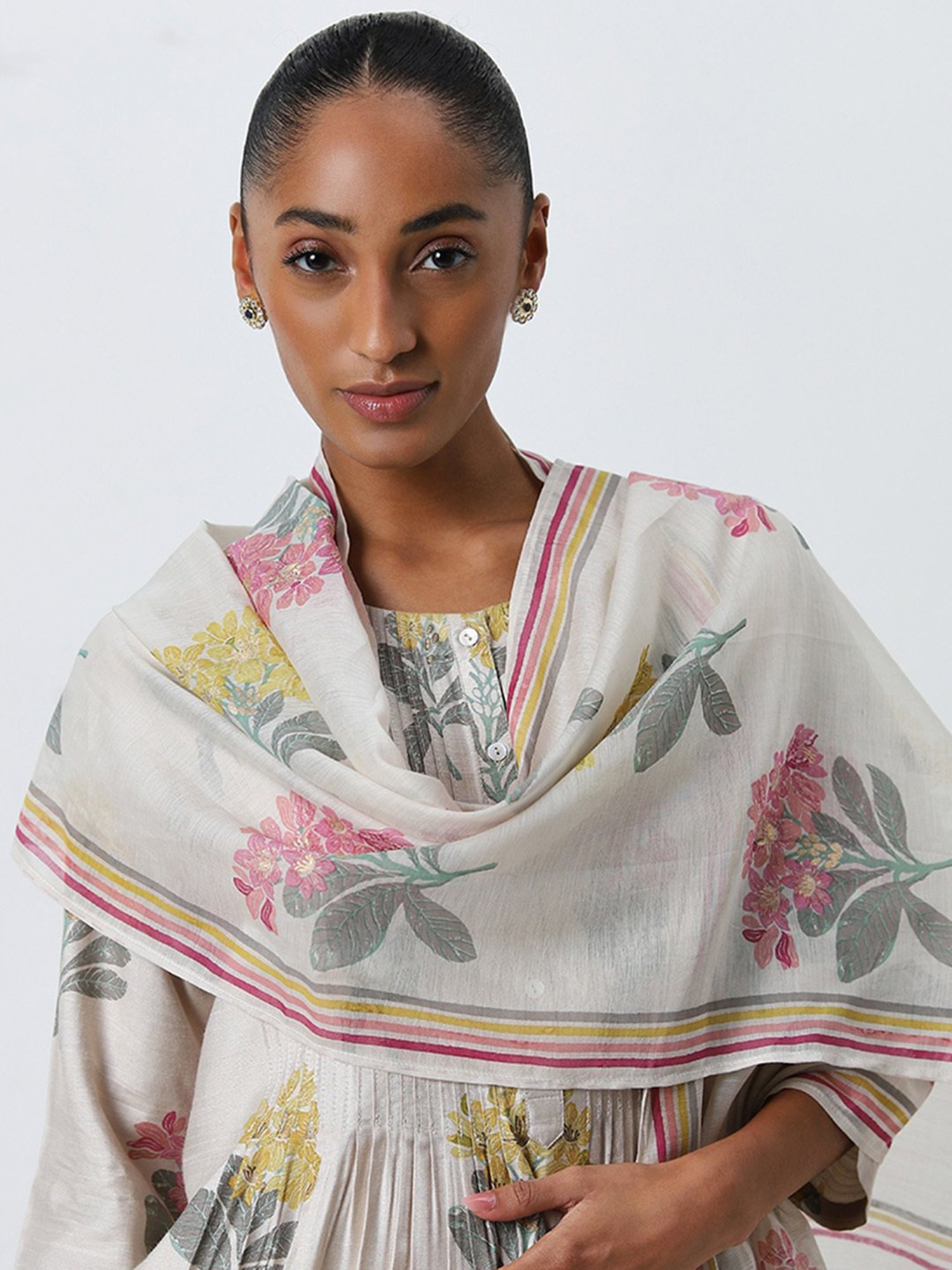 Zuba by Westside Beige Floral Printed Dupatta