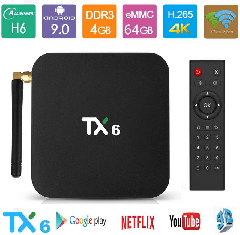 New Android TV Box 9.0 Smart TV Box Media Player 4GB 64GB TX6 Support USB 3.0 2.4G/5G Dual-Band Wi-Fi 3D 4K Full HD H.265 100M Ethernet Set Top Box