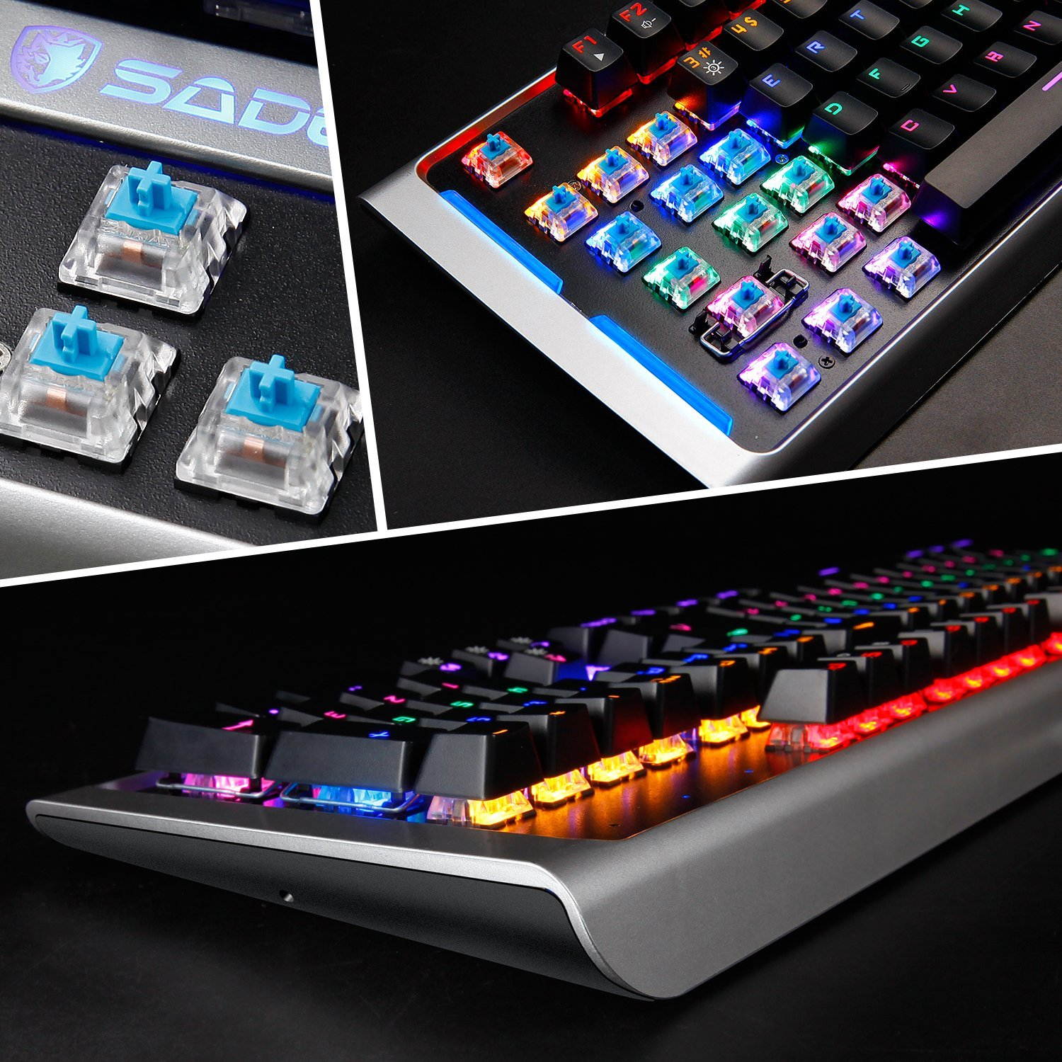 SADES K12 PC Mac Mechanical Gaming Keyboard USB Wired Backlight Metal Panel with Blue Swiches (Black&Silver)