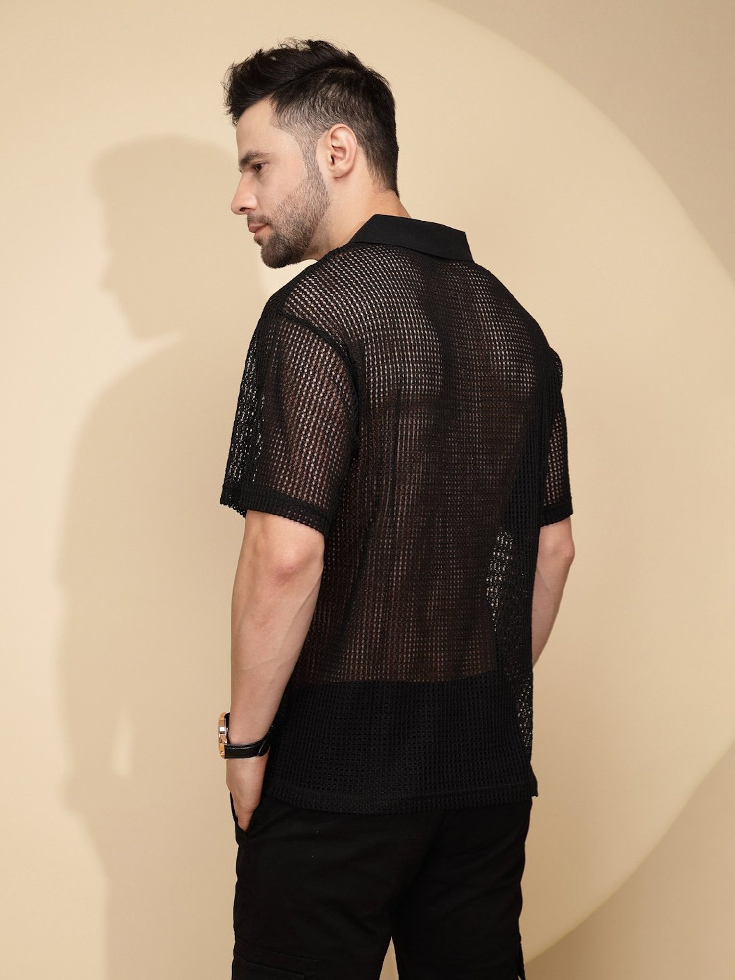 Global Republic Black Regular Fit Self Design Polo T-Shirt