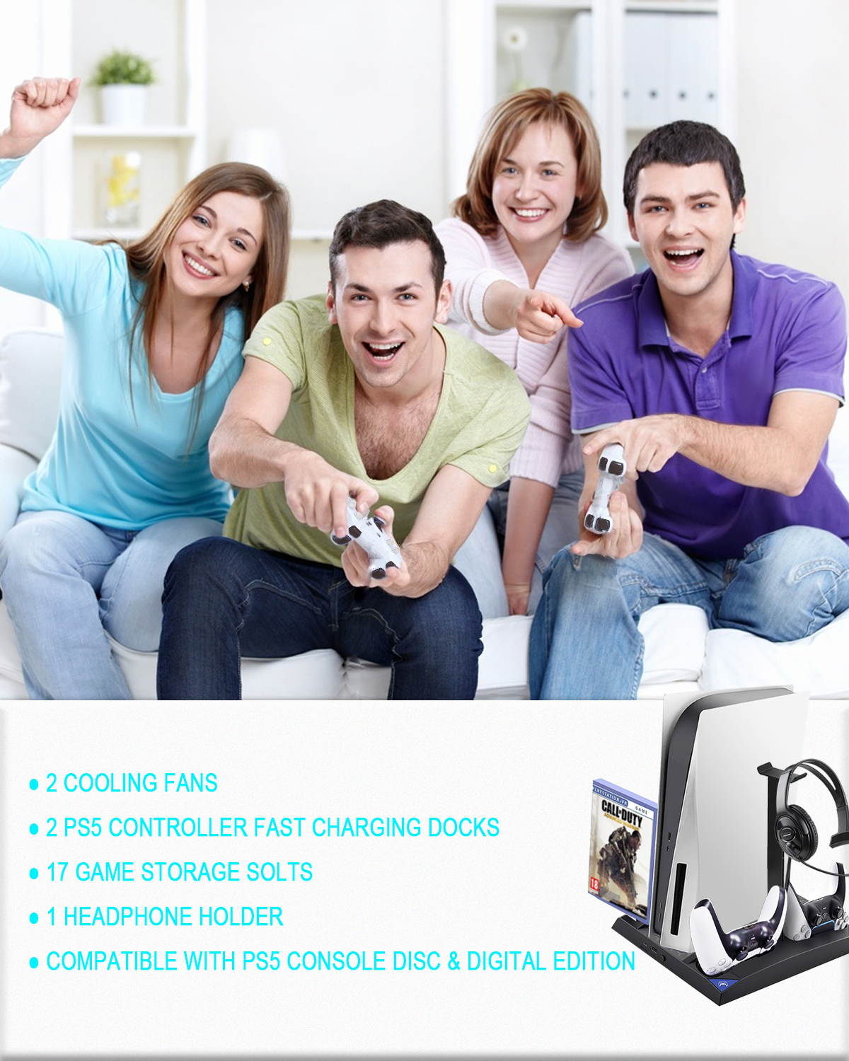 PS5 Cooling Stand with Headset Holder & Cooling Fan Base, Multifunctional Vertical Stand with 2 Controller Charging Station & LED Indicator & 17 Game Disc Slots for PS5 Console Digital Edition/UltraHD