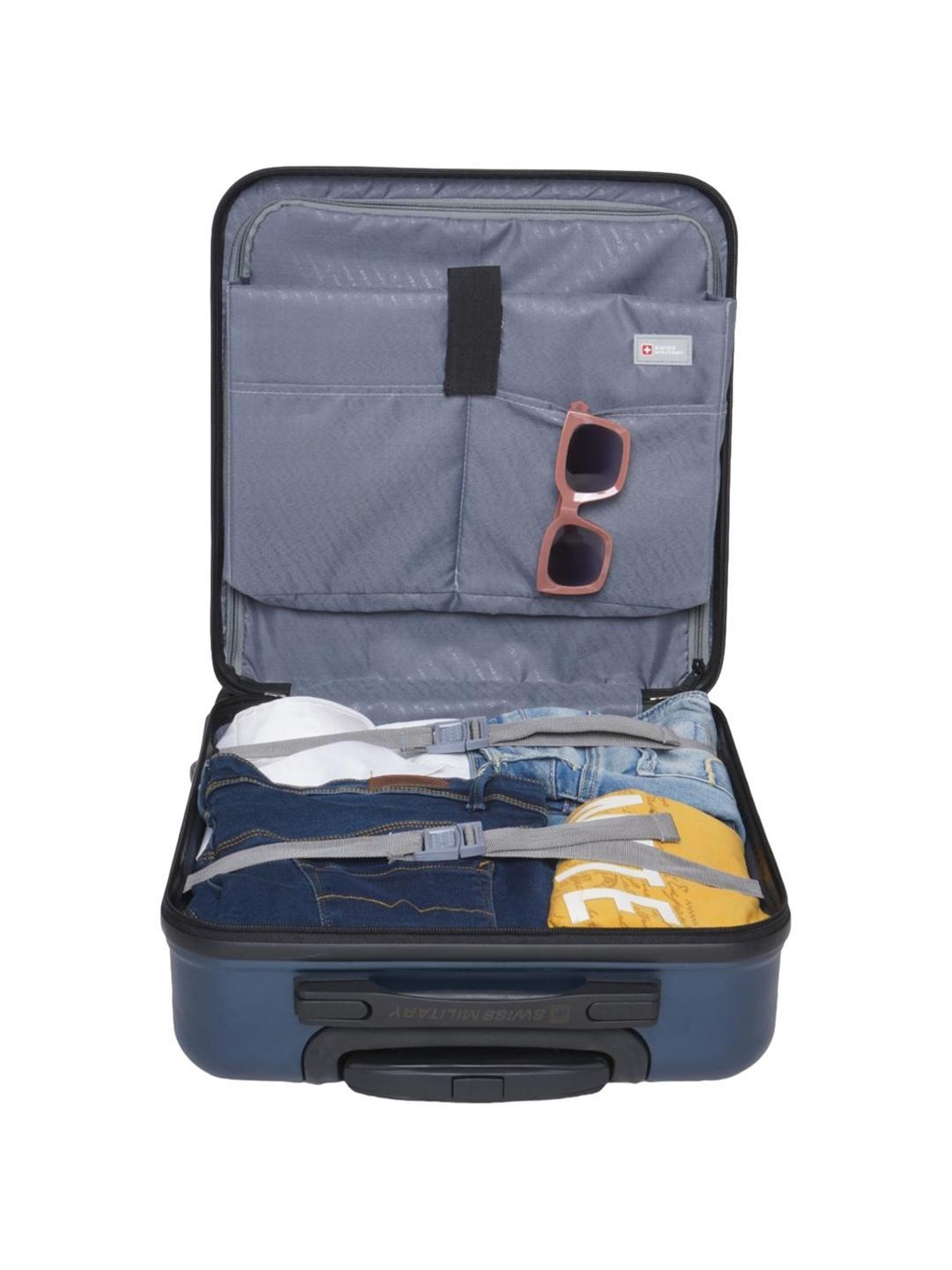 Swiss Military Dapper Navy Blue Textured Hard Overnighter Trolley Bag - 38 Cms